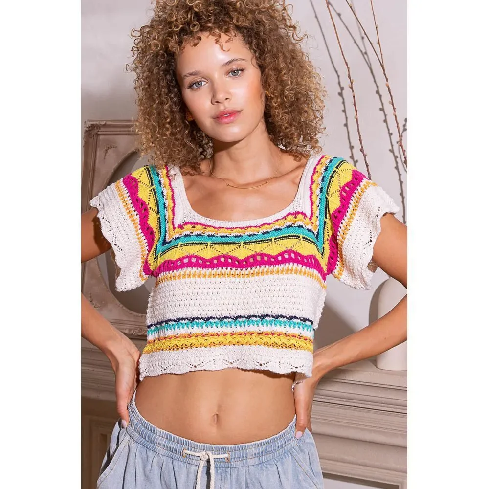 POL Crochet Crop Top Rainbow Striped Boho Festival Square Neck Summer Top Size M